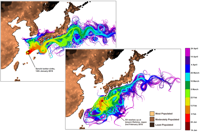 Sanchi oil spill modeling, early February, 2018. (Image: National Oceanography Center)